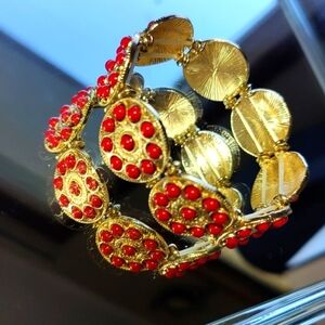 Elastic Gold Toned Round Coins with Red Beads Bracelet